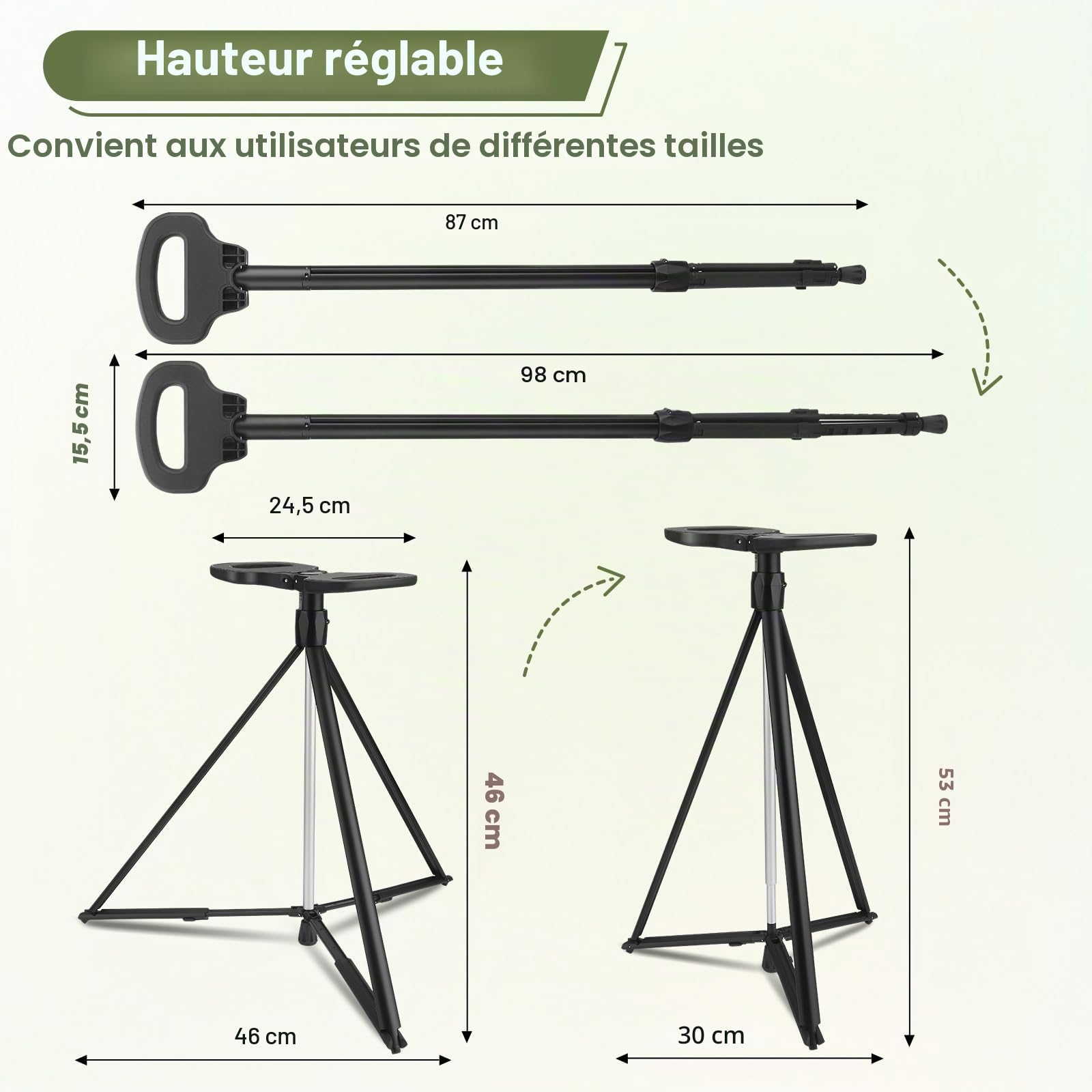 Canne de marche portable avec siège, canne de marche réglable avec siège, canne de marche pliable et légère en aluminium antidérapante pour adultes, chaise-canne pour la randonnée avec sac de