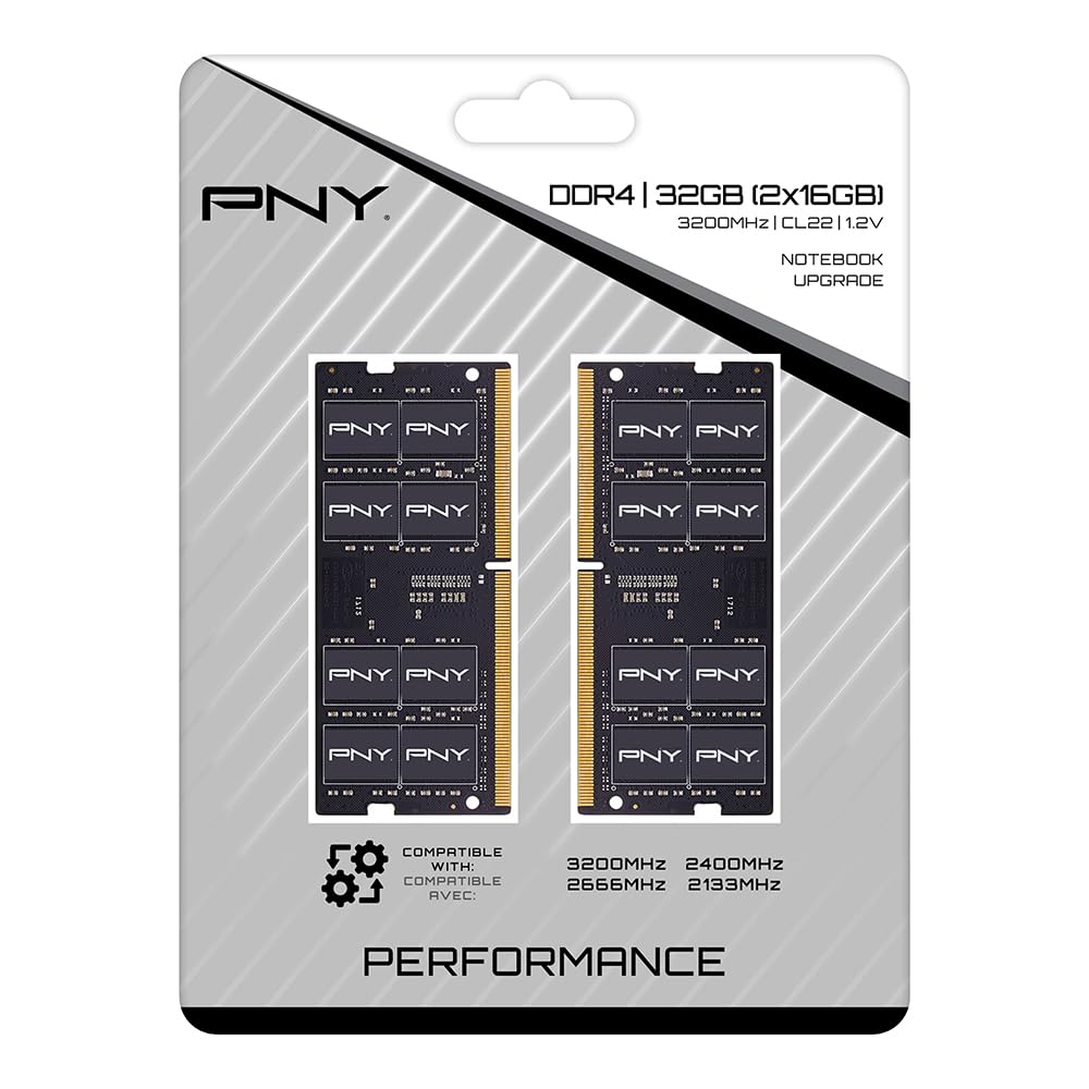 PNY Performance 64GB (2x32GB) DDR4 DRAM 3200MHz (PC4-25600) CL22 1.2V Dual Rank Notebook/Laptop (SODIMM) Computer Memory Kit – MN64GK2D43200-TB: 32GB (2x16GB) Standard