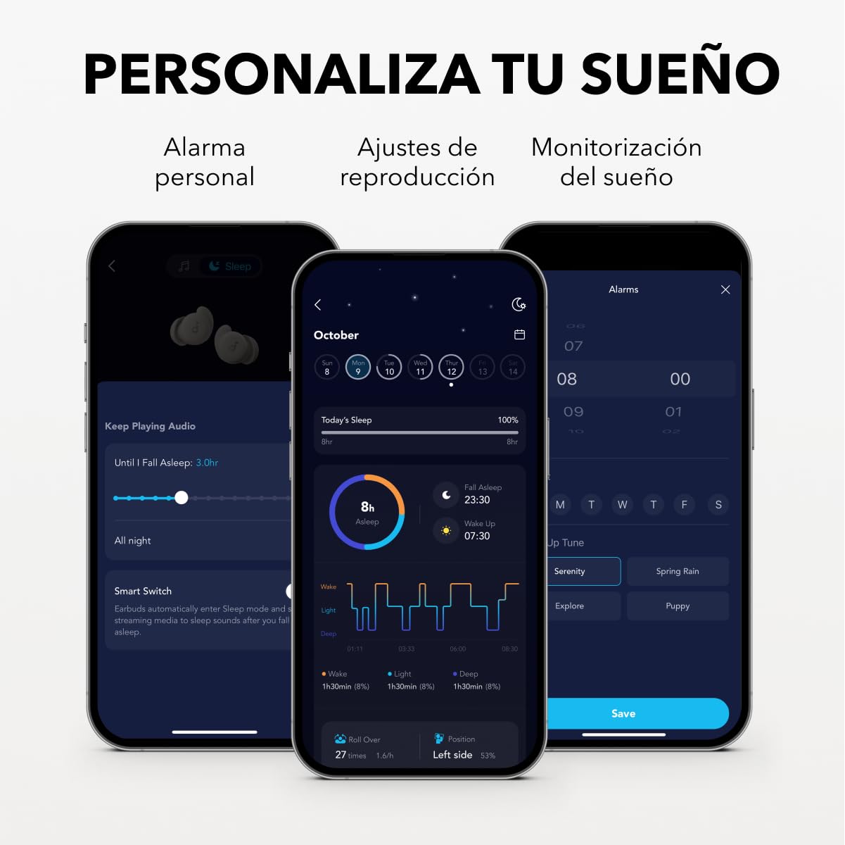 Soundcore Sleep A20 Auriculares para Dormir con Bloqueo de Ruido | Diseño pequeño para dormir de lado, 80 h de autonomía, Bluetooth 5.3, monitor del sueño y alarma personal