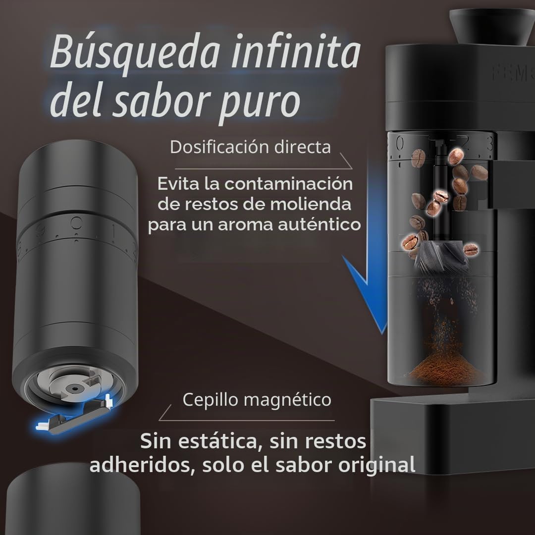 A4 Molinillo de café eléctrico de muelas, negro | Molinillo de espresso de dosis única, molinillo de muelas inalámbrico recargable por USB con baterías reemplazables