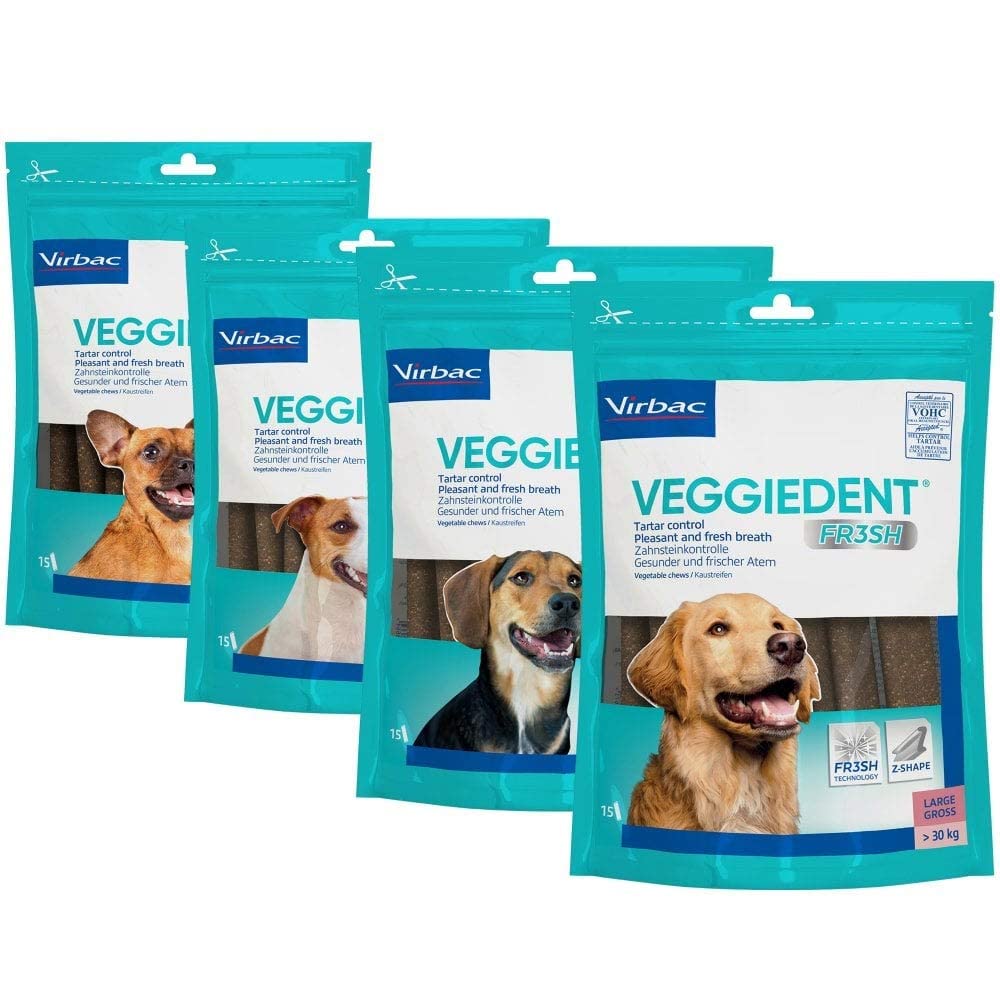 Virbac VeggieDent M - Tiras masticables para perros medianos (10 a 30 kg) - Paquete de 3 x 15 tiras