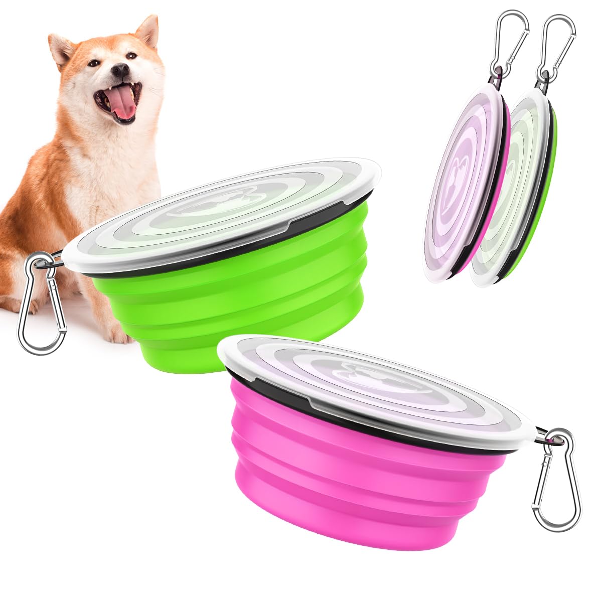 Pawaboo Collapsible Dog Bowls 2 Pack, Silicone Feeding Watering Bowls with Lids & Carabiners for Dogs Cats, Portable Water Feeder Food Bowl for Walking Traveling Home Use, Pink + Green โ image 1