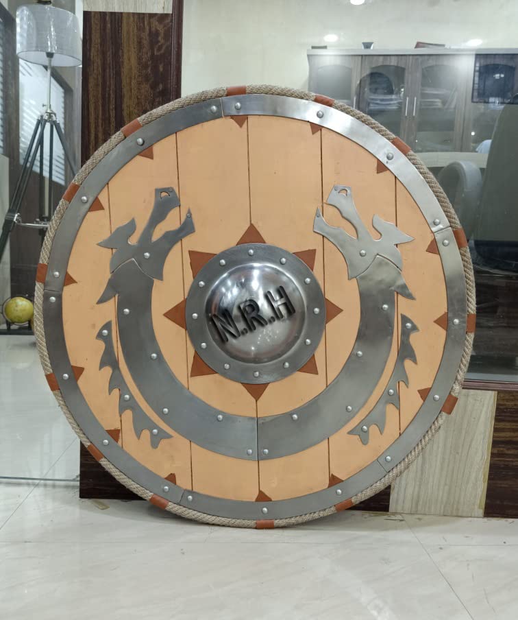 Nautical Replica Hub Viking Wooden Dragon Armor Round Shield Warrior Protector Role Play Shield (30 INCH, Light Brown & Nikil Finish)