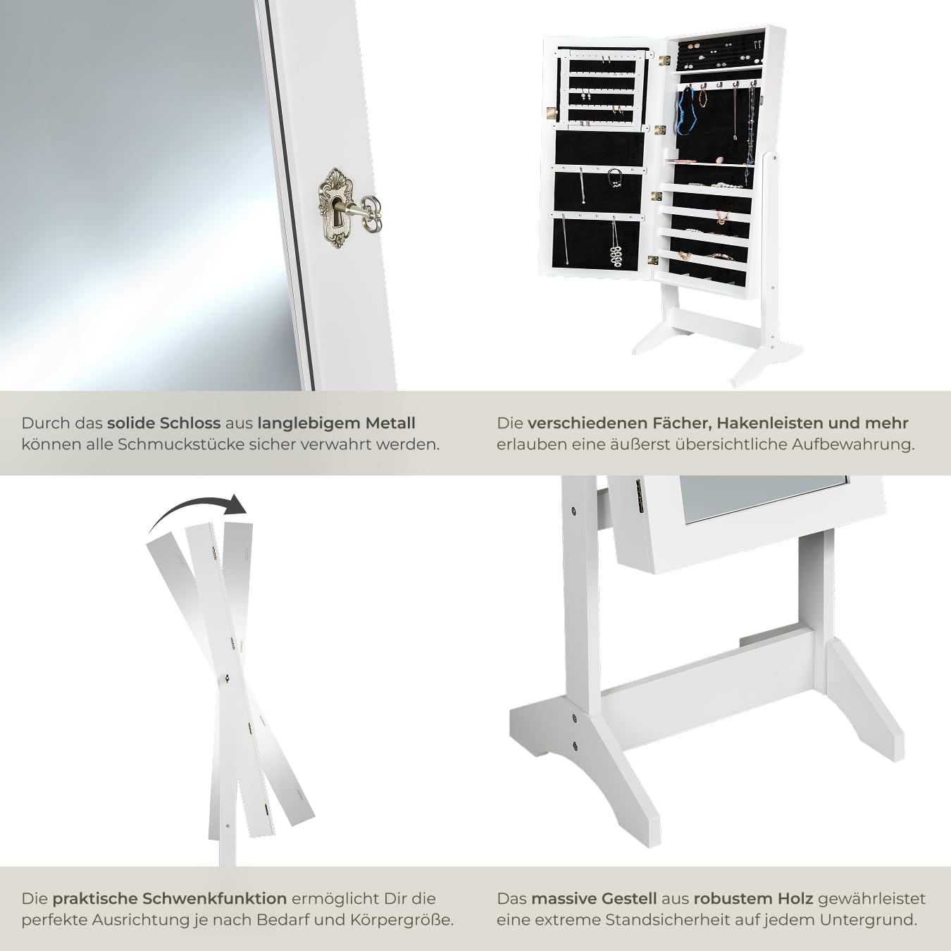 tectake® Schmuckschrank, Standspiegel mit Schmuckkasten, Spiegel groß mit Schrank Organizer für Schmuckaufbewahrung, Schmuck Organizer Geheimversteck Schrank Schlafzimmer - Weiß
