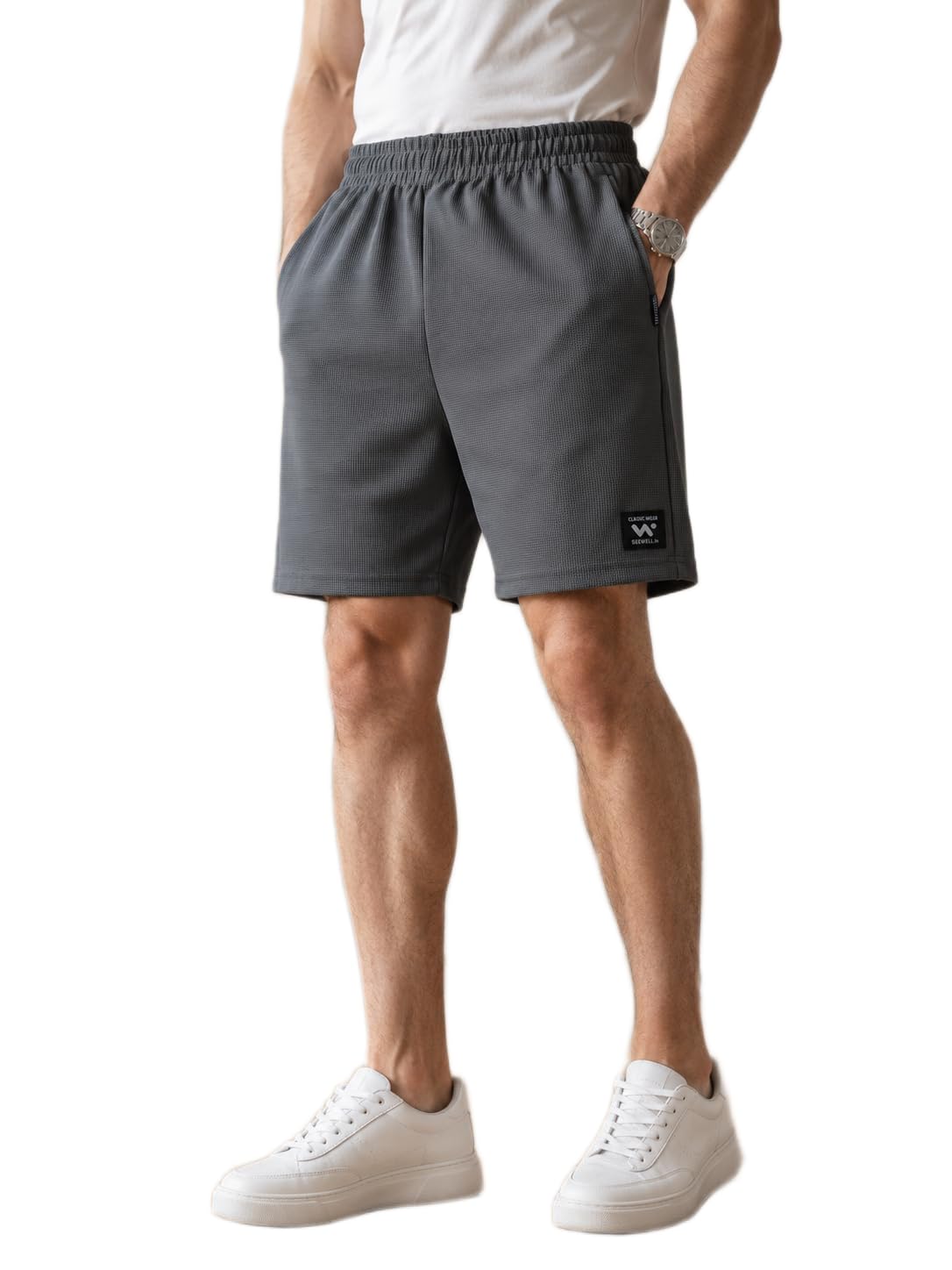 Men's Dark Grey Waffle Polyester Casual Shorts, Size 38 |STYL 147-image-11