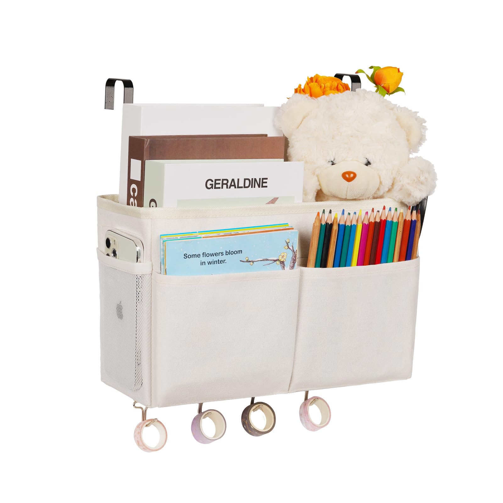 Frjjthchy Bedside Storage Organizer 5 Pockets with 4 Hooks Hanging Storage Bag for Headboards/Bunk Bed (White)