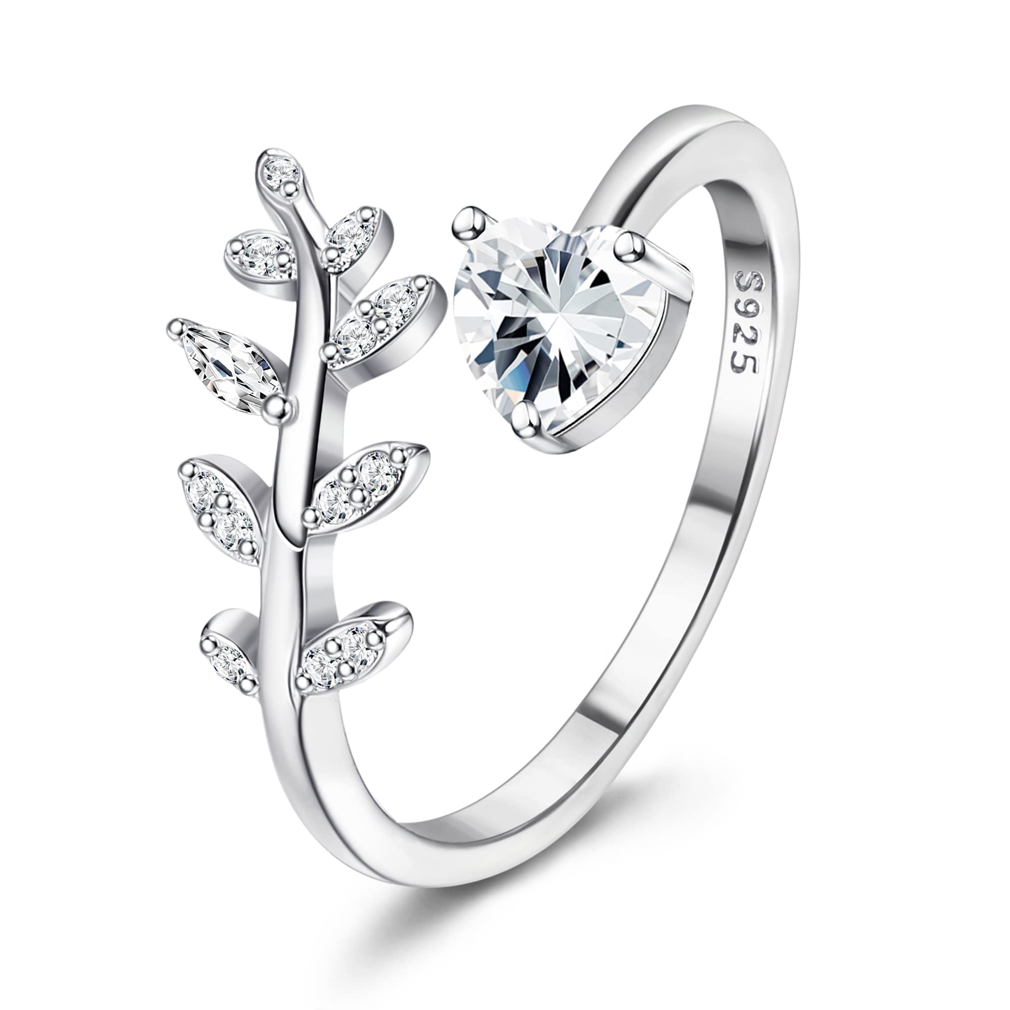KRFY925 Anillo de Plata Esterlina para Mujer Zirconia Rainbow Moonstone Anillos Abiertos Ajustable Pluma Leaf CZ Anillo de Piedra Lunar para Madre Novia Niña Joyería