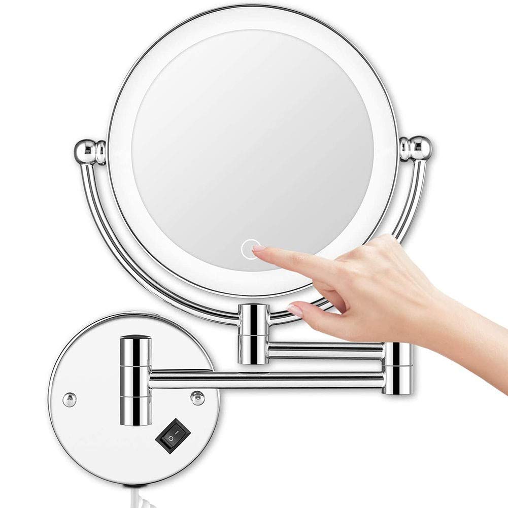 Espejo de maquillaje montado en la pared Botón táctil LED Luz ajustable continua Espejo de tocador con aumento de doble cara 1X/5x Giratorio de 360° Extensible para baño Alimentado por enchufe-8