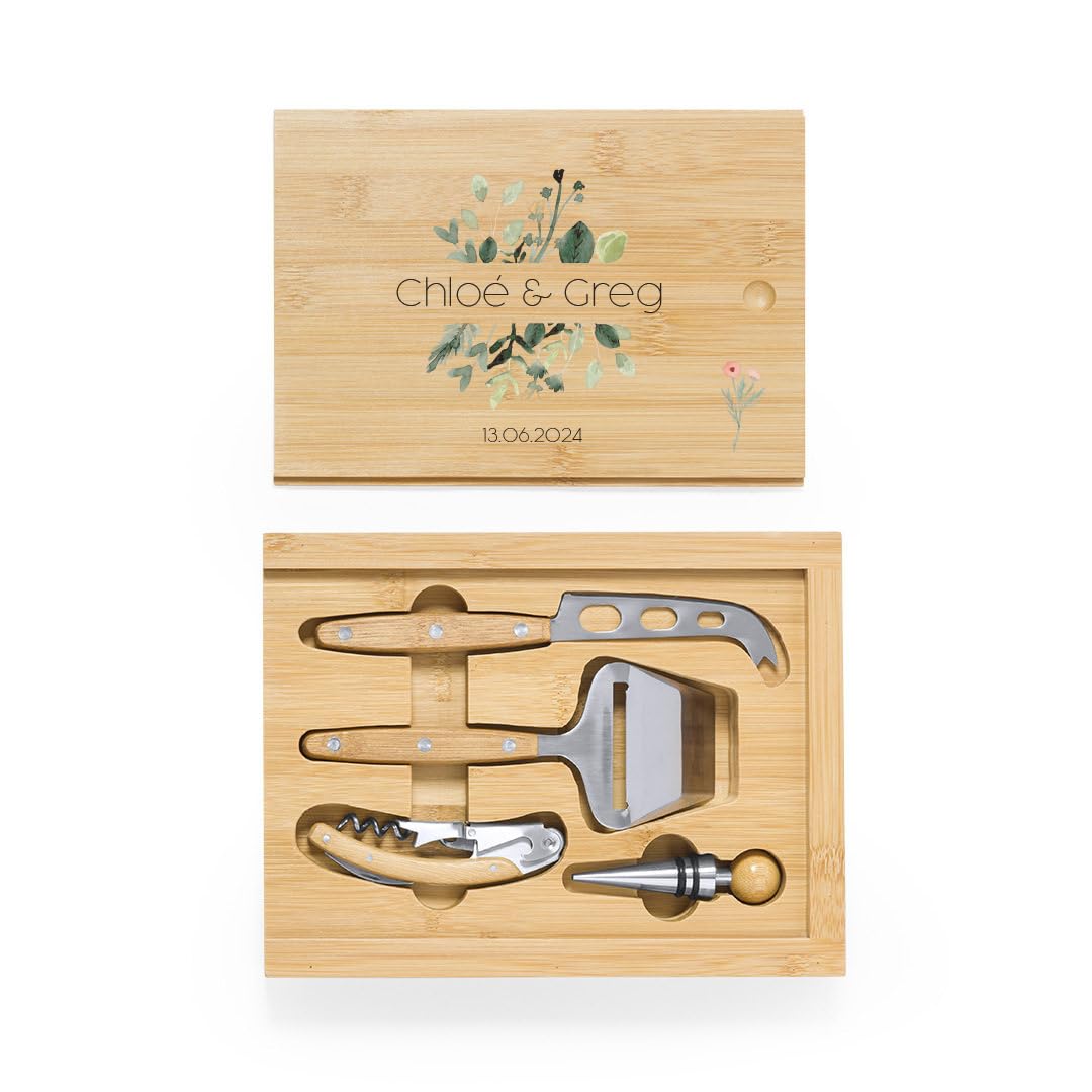 Coffret Personnalisé en Bois Fromage et Vin, Cadeau de Mariage avec Accessoires, Marquage Floral - Personnalisation sur Commande