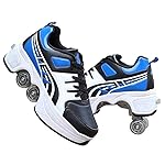 Double-Row Deform Wheel Automatic Walking Shoes Invisible Deformation Roller Skate 2 in 1 Removable Pulley Skates Skating Parkour (Blue Black, US 5.5)