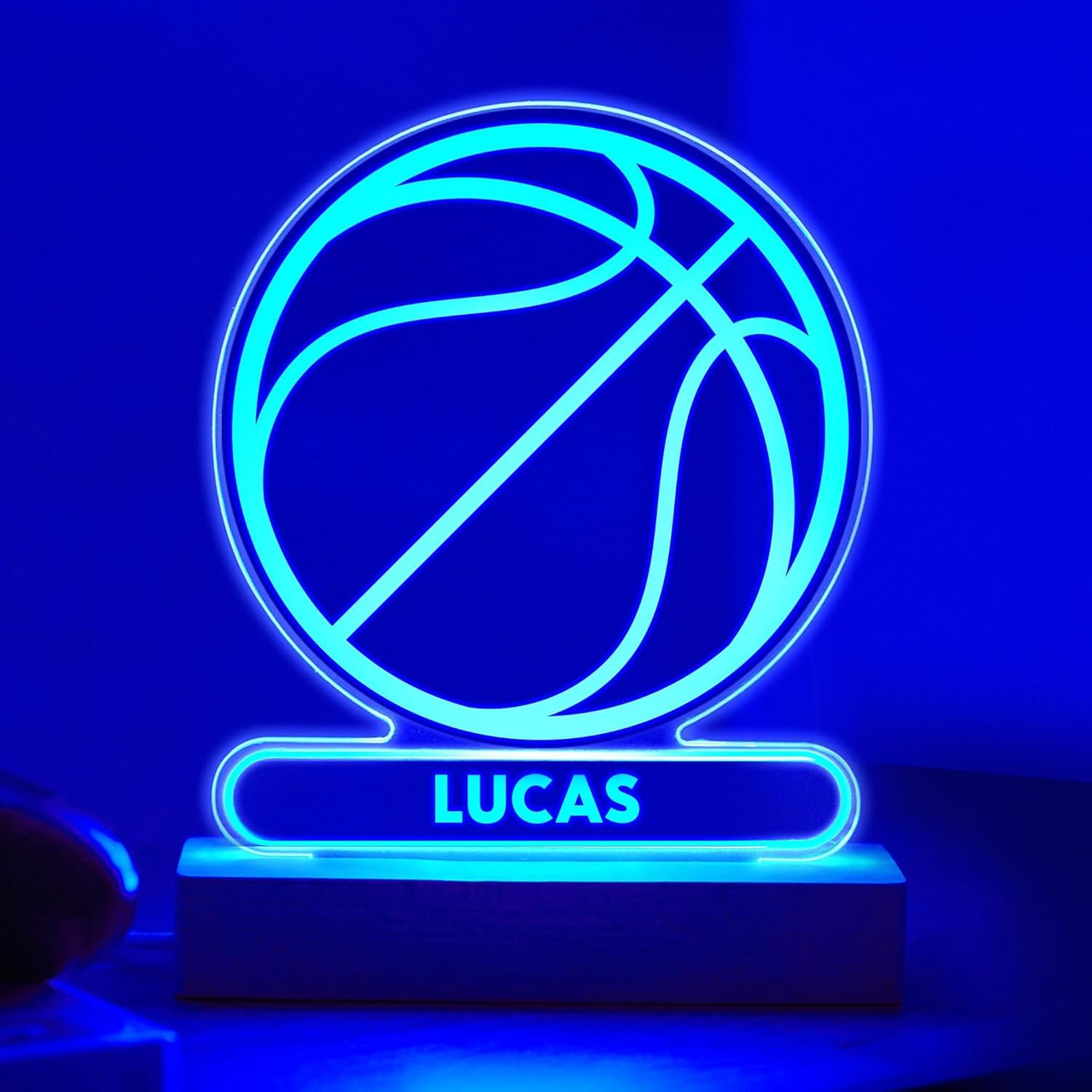 Transparent Gift Lámpara Personalizada Pelota de Basquet. Regalos Originales Cumpleaños Infantiles, Niños. Diseño Pelota de Baloncesto de Metacrilato y Madera