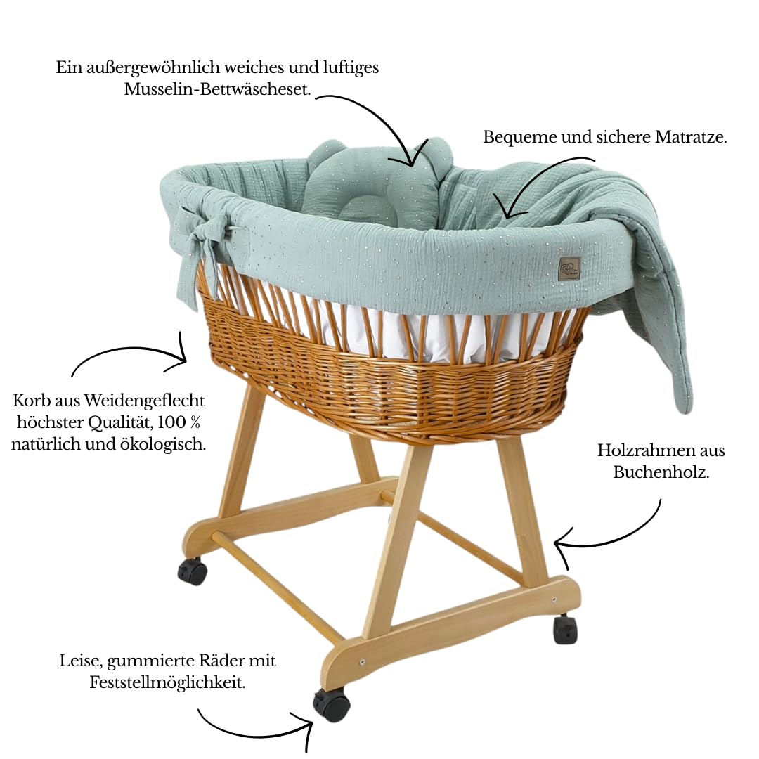WIKLINOPOL Baby Stubenwagen – Komplettset mit Natur Moseskorb, Matratze & Bettwäsche aus 100% Baumwolle in Khaki Gold – sicherer Schlafplatz mit Rollen & Bremse – Modell Amelia