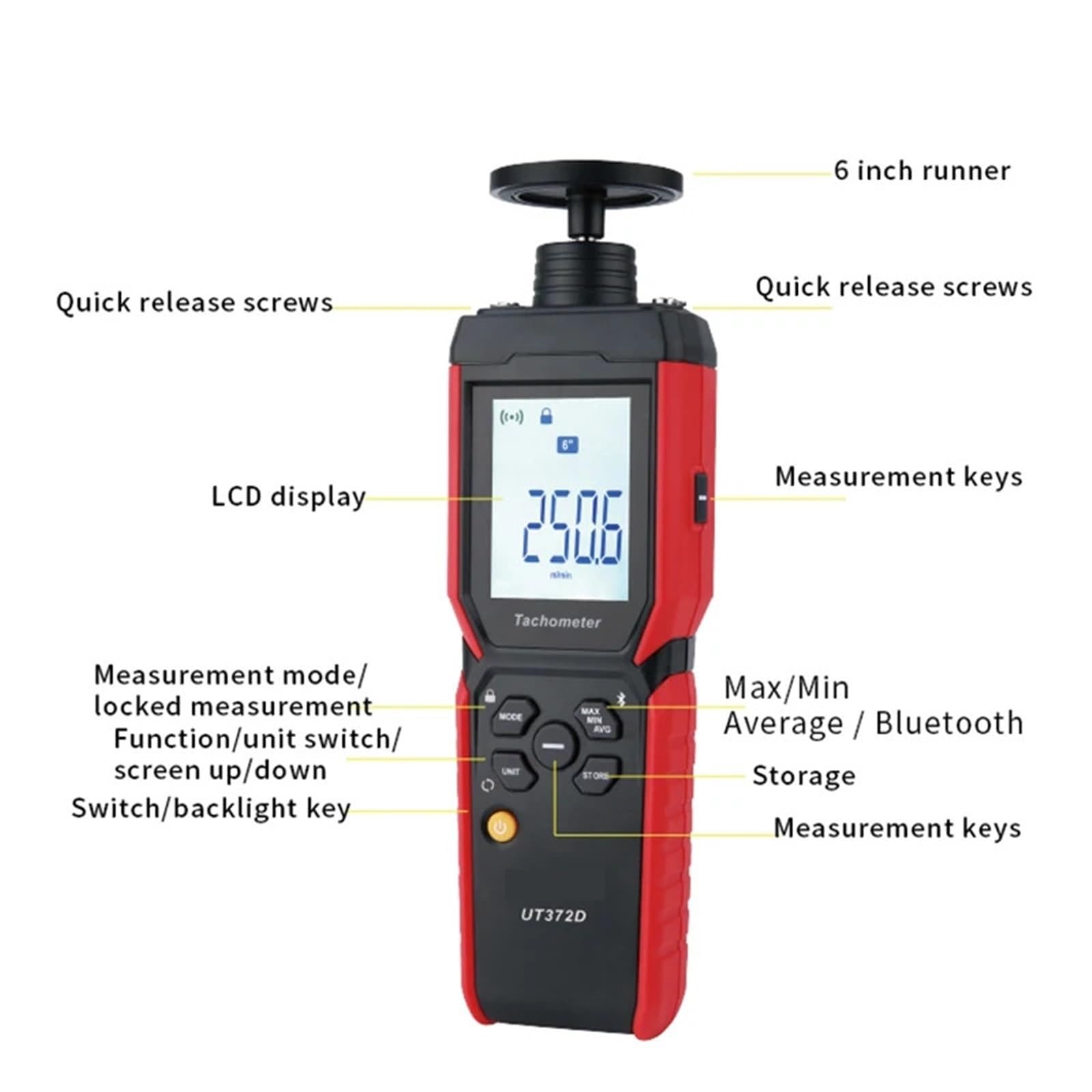 Digitaler Drehzahlmesser, UT372D Tachometer Laser Universal 2 In 1 Digitales Drehzahlmessgerät Kontakt- Und Berührungsloses Messgerät Drehzahl,LCD-Display