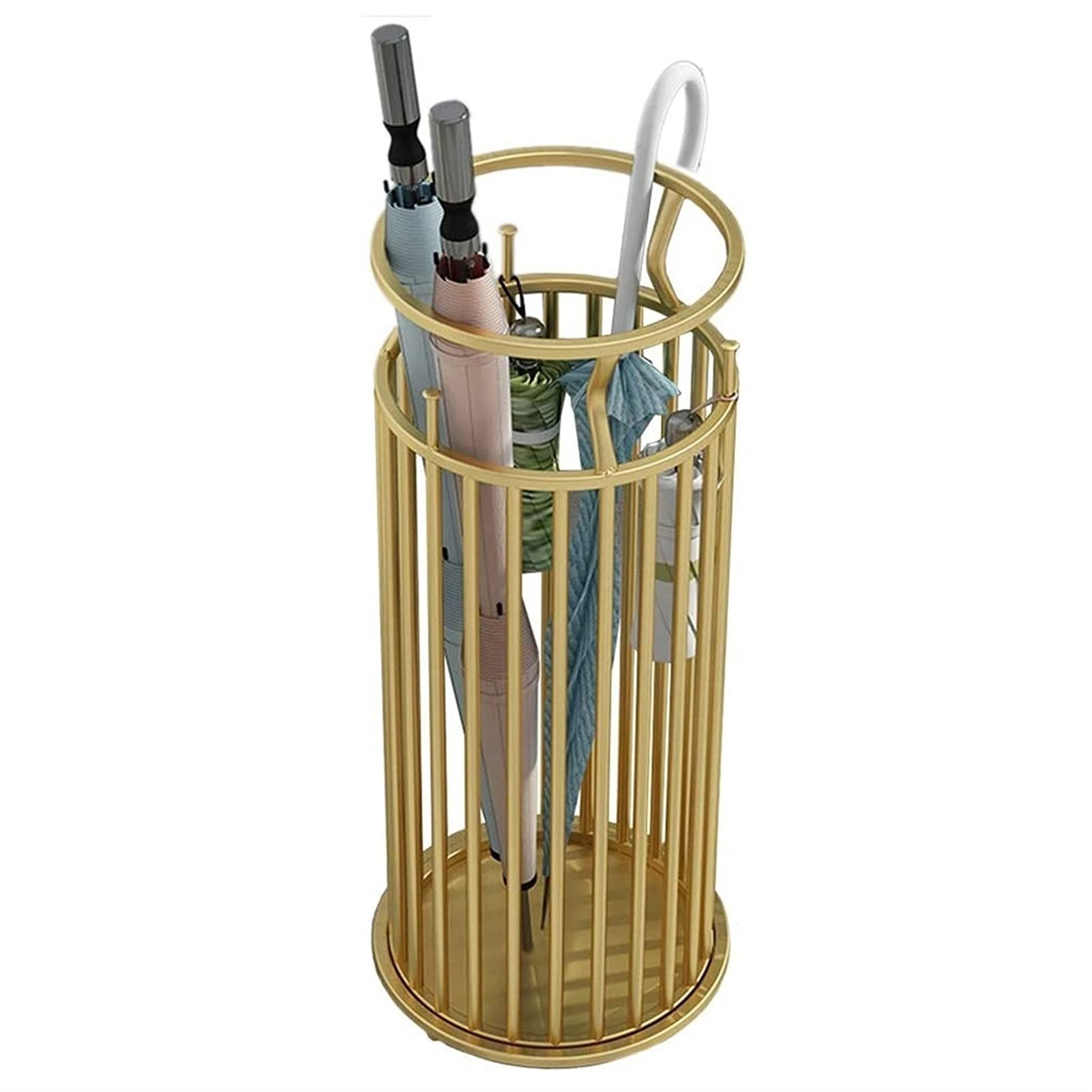 WQPMNYG Gold Metal Umbrella Stand with 4 Hooks - Elegant Hotel Office & Café Entrance Decor Cane Cue Umbrella Holder Bucket (Color: Gold)