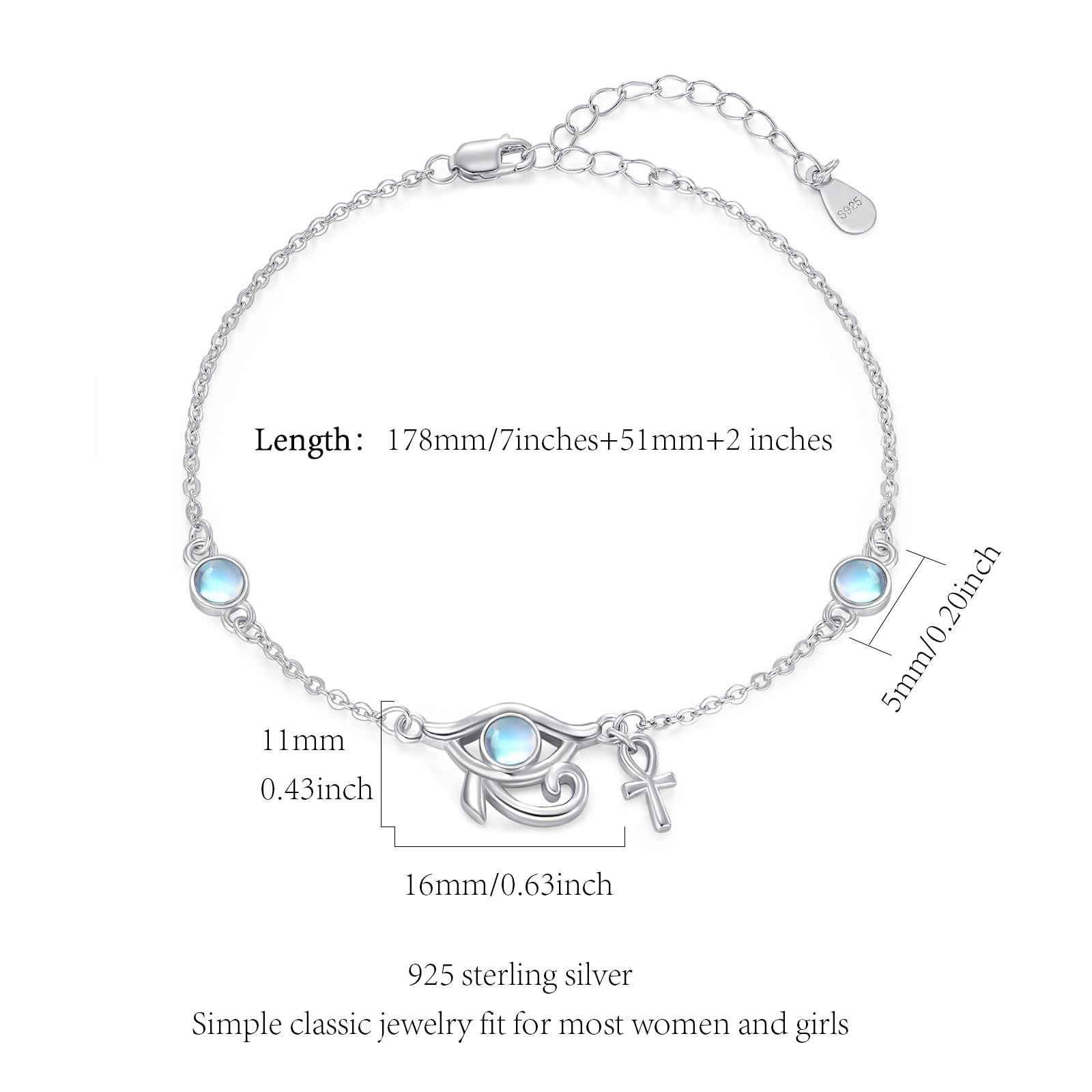 Pulsera de protección de plata de ley 925 ajustable para mujeres con mal de ojo y motivos egipcios – Ankh, ojo de Horus, joyas de ópalo regalo, 7+2 in, Plata de ley, Circonia cúbica