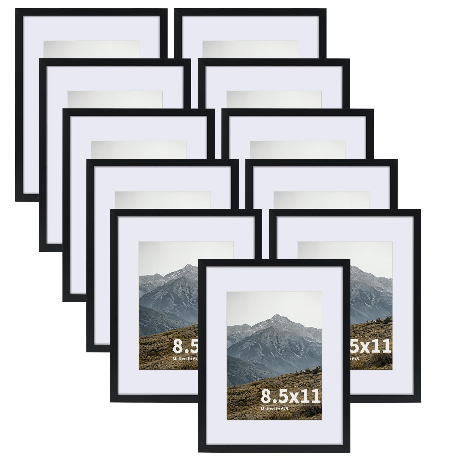 Rempry 8.5X11 Certificate Picture Frames Set of 11, Black 8.5x11 Photo Frames without Mat or Displays 6X8 Picture with Mat, Wall Mount or Tabletop Display for Home, Office