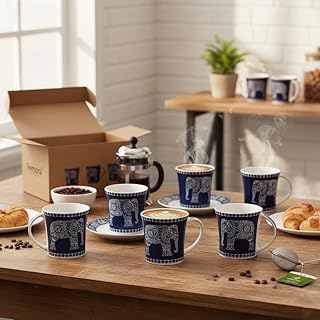 Femora Majestic Elephant Ceramic Coffee & Tea Cup Set of 6, 160 ML, Blue