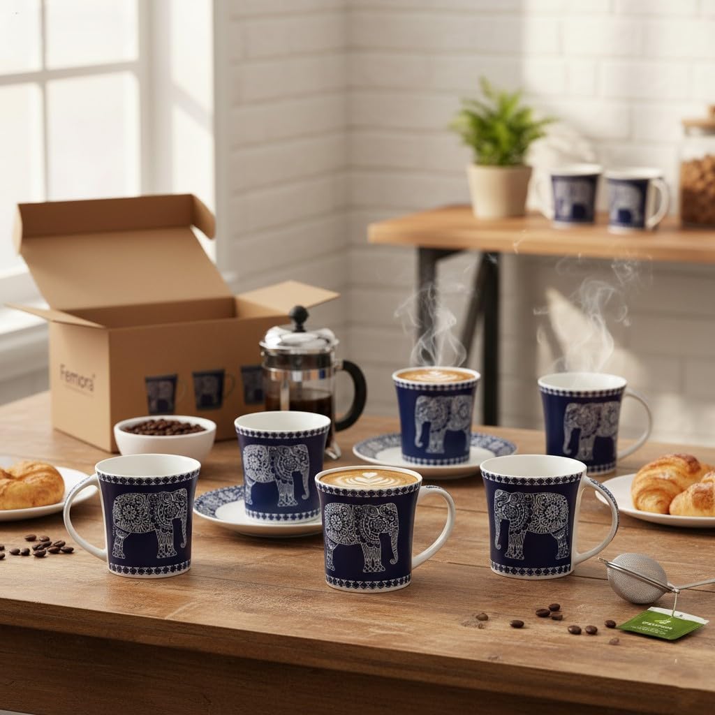 Femora Majestic Elephant Ceramic Coffee & Tea Cup Set of 6, 160 ML, Blue