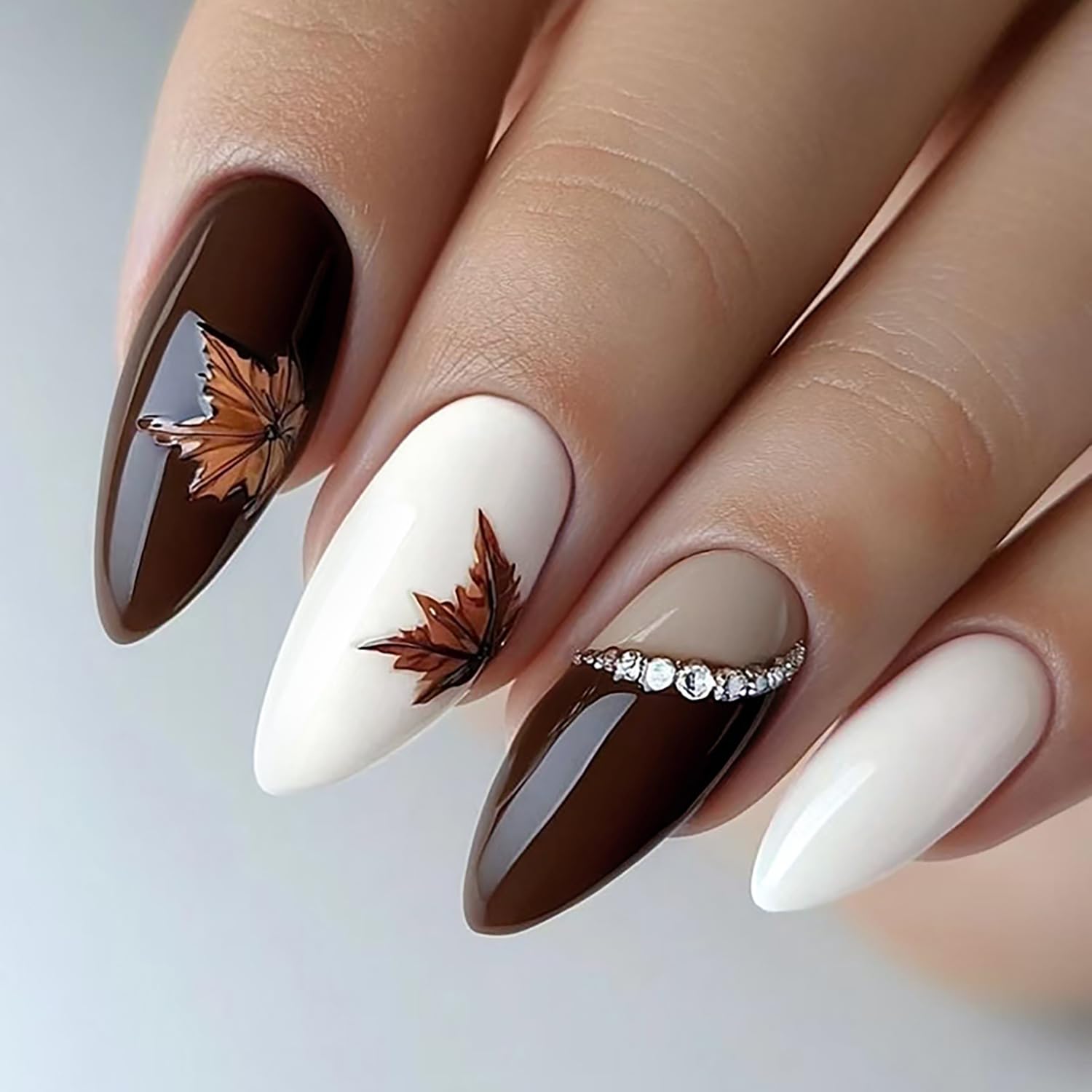 24Pcs Fall Press on Nails Medium Almond Fake Nails with Maple Leaf Rhinestones Designs Autumn Leaves False Nail Thanksgiving Artificial Nails Kit Brown White Full Cover Stick on Nail for Women Maple Leaf Nails-6