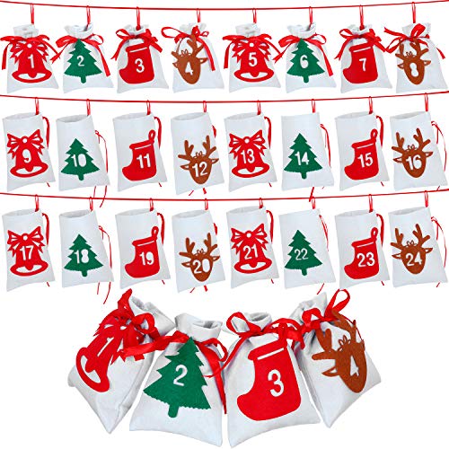 Blulu Christmas Calendar Advent Calendar 24 Days Christmas Countdown Calendar Hanging Felt Gift Bags for Christmas Party Home Decoration