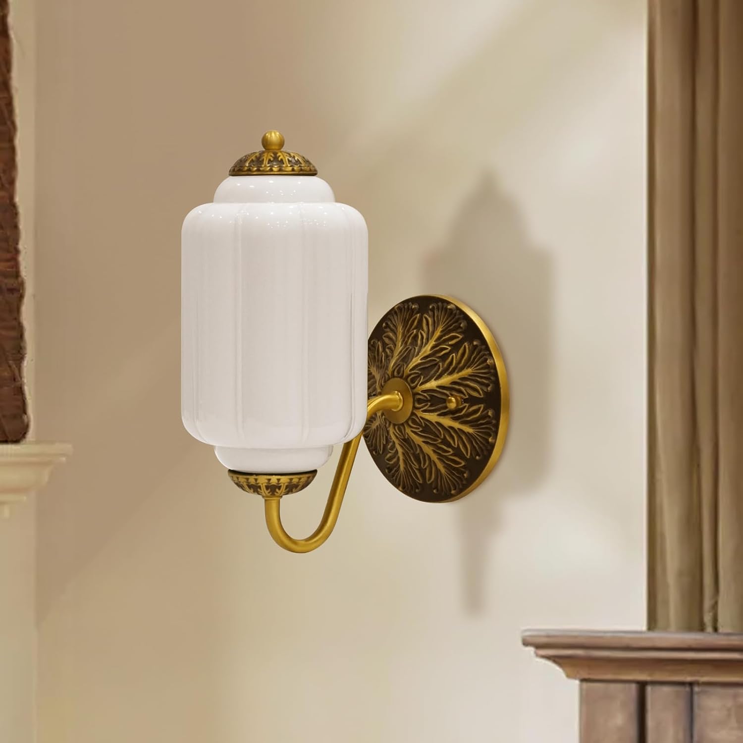 Vintage Mike White Glass Wall Sconce - Milk Glass Shade Antique Brass Indoor Wall Light for Bedroom, Living Room, and Hallway
