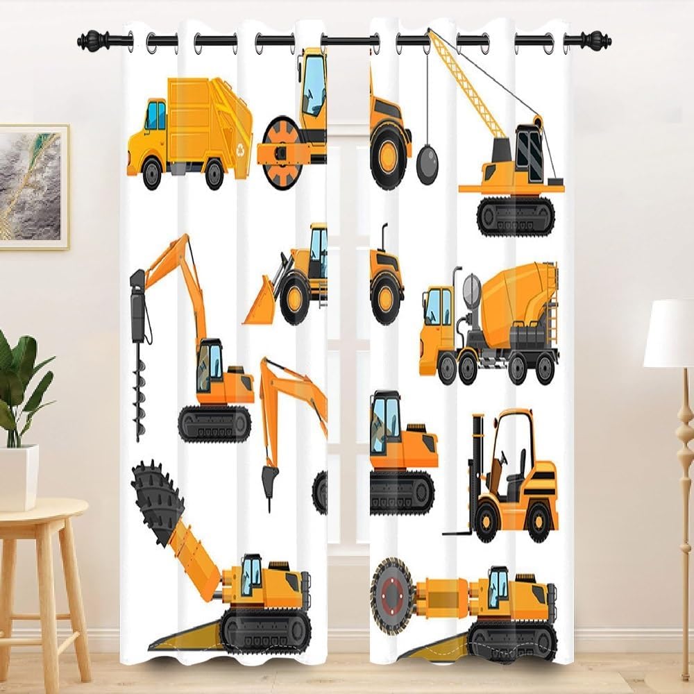 Construction Truck Curtains for Boys Bedroom White Yellow Cartoon Excavator Tractor Construction Site Blackout Window Curtains with Grommets Nursery Window Drapes 2 Panel Set,26x96inch