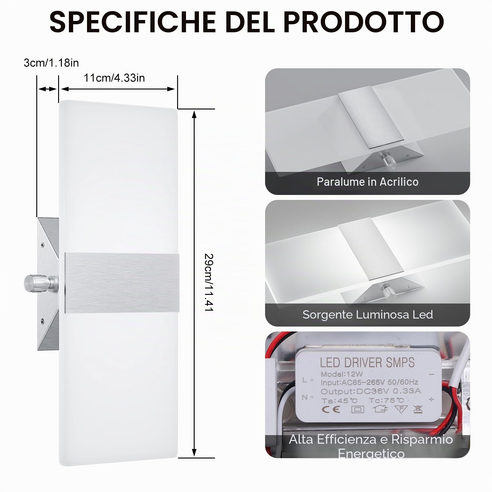 ChangM 2 Pezzi LED Lampada da Parete Interno 12W Può Regolare la Luminosità del 10% -100% Moderno Applique da Parete Interni Lampada a Muro in Acrilico,Bianco Freddo 6000K