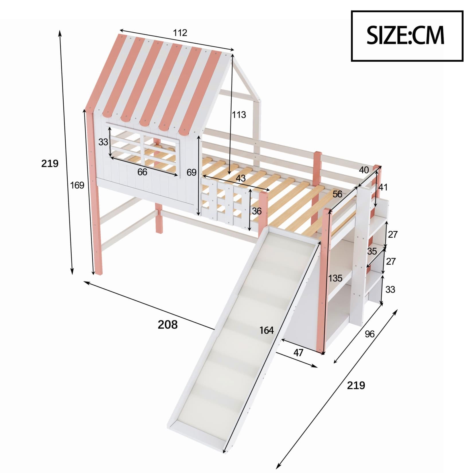 Lit Mezzanine Enfant 1 Place,Lit Cabane Enfant 90x200 avec Toboggan,Étagères,Haute Barrière de lit,pour Enfants Garçons Filles (B-Rose, 90x200)