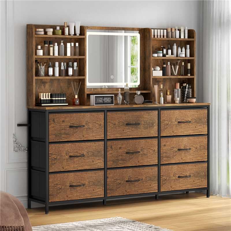 9 Drawers Dresser with LED Mirror for Bedroom