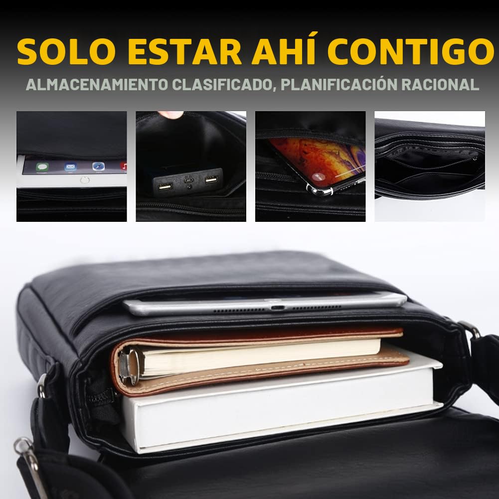 Leathario Bolso Bandolera para Hombre de Cuero Vegetal Vintage - Bolsa de Mensajero Grande Negocio Crossbody Casual Negro Clásico