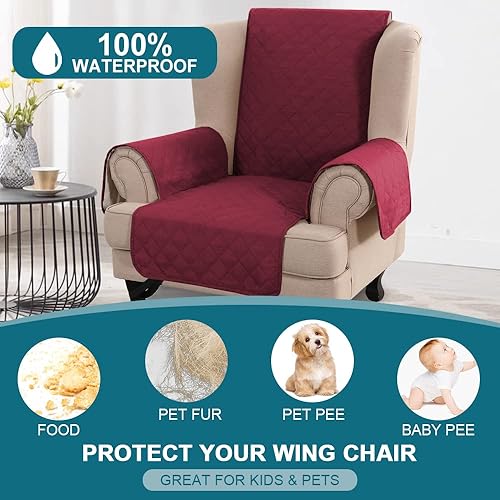 Miniatura 2 de Funda 100 % impermeable para sillón de ala, protector de sofá, triple antideslizante, protector de muebles para mascotas, niños, perros (silla de