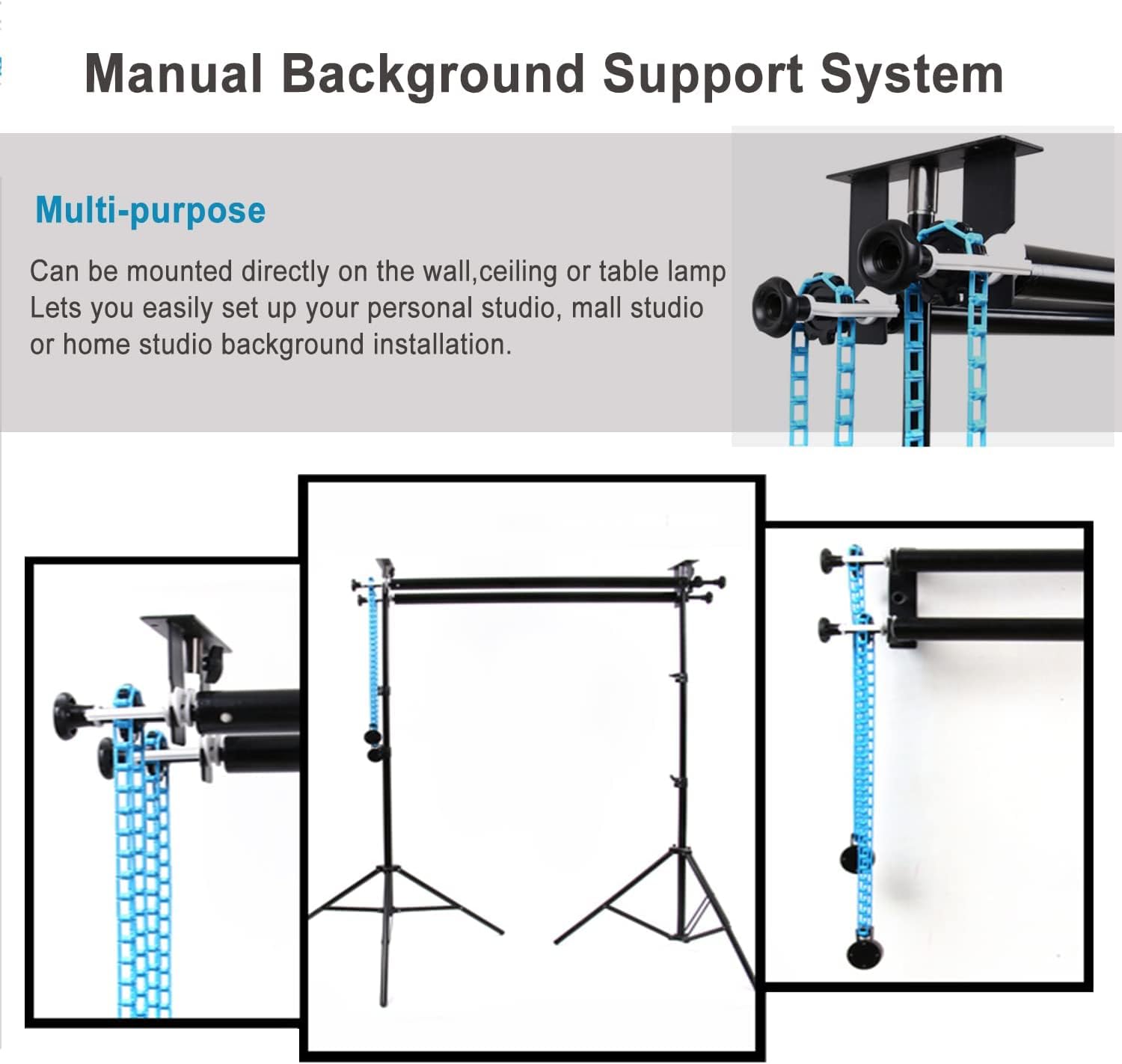 ZLY 3 Roller Wall Mounting Manual Background Support System, Including 3 Tri-fold Hooks, 6 Expand Bars, 3 Chains, Ceiling Background Holder Attached into Table Lamp