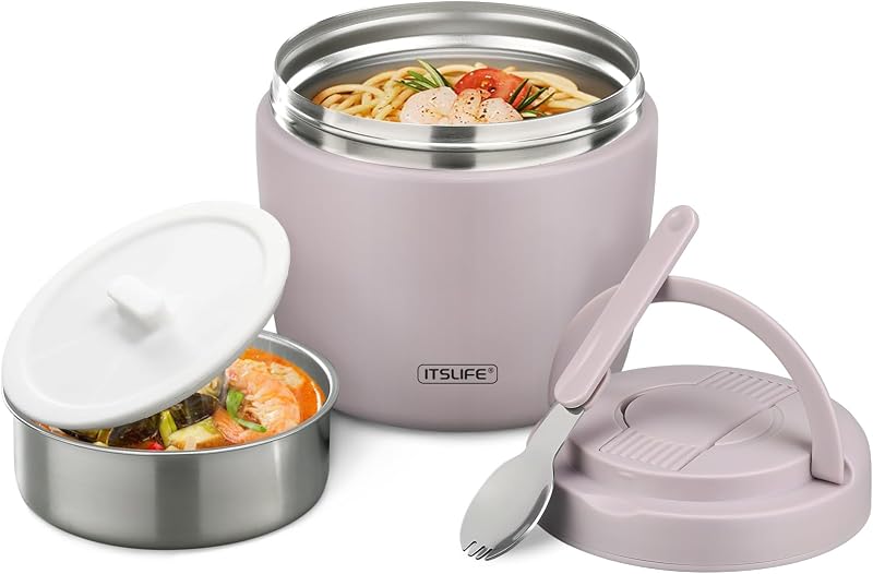 32oz Insulated Soup Thermo, Vacuum Stainless Steel Food Jar for Hot & Cold Food, Leakproof Wide Mouth Lunch Container with Spoon, Light Purple