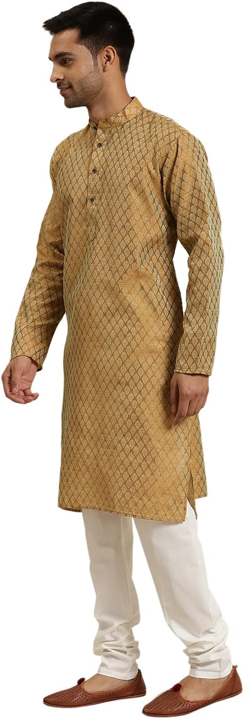 Size large 40 Color Mustard Gold Sojanya (Since 1958 Men'S Jacquard Silk Self Design Only Kurta