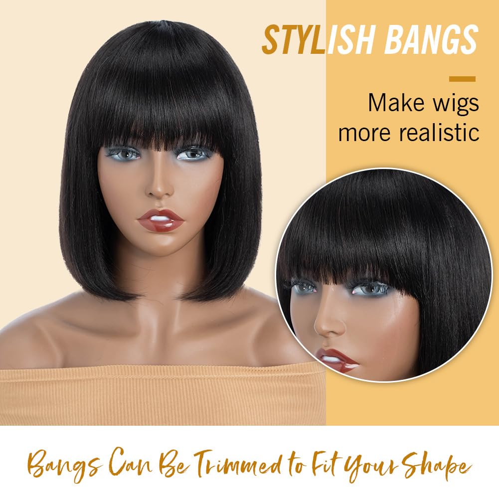 Human Hair Wigs for Women Brazilian Virgin Hair Straight Short Bob Wig with Bangs Glueless Machine Made 150% Density (1B, 10 inches) - Image 3
