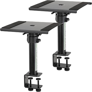 Pronomic SLS-36K BK Pair of Table Tripods with Table Clamp for Studio Monitors - Very Space Saving - Height Adjustable from 24.5 cm and 41.5 cm - Shelf with Foam Rubber Strips - Black