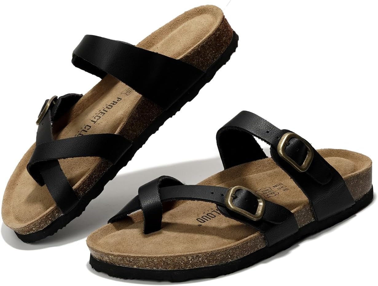 Project Cloud Genuine Leather Womens Sandals - Comfortable Cork Footbed Slides with Memory Foam Beach Essential Summer Sandals For Women 2025 (Lian)