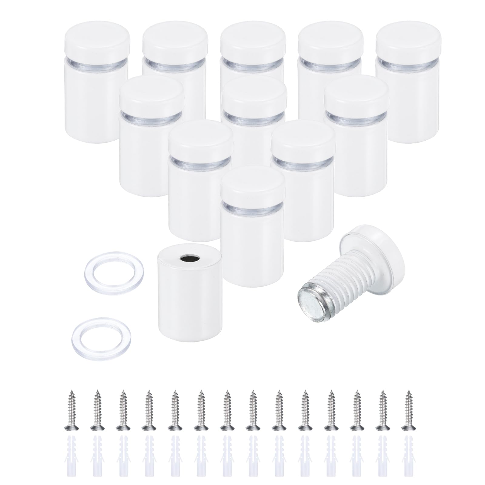 QUARKZMAN 12pz 5/8" x 1" Viti Supporto Acciaio Inossidabile Kit Hardware per Montaggio a Parete per Segni con 14pz Viti per Appendere Segni Vetro Acrilico Tavole Pubblicitarie, Bianco
