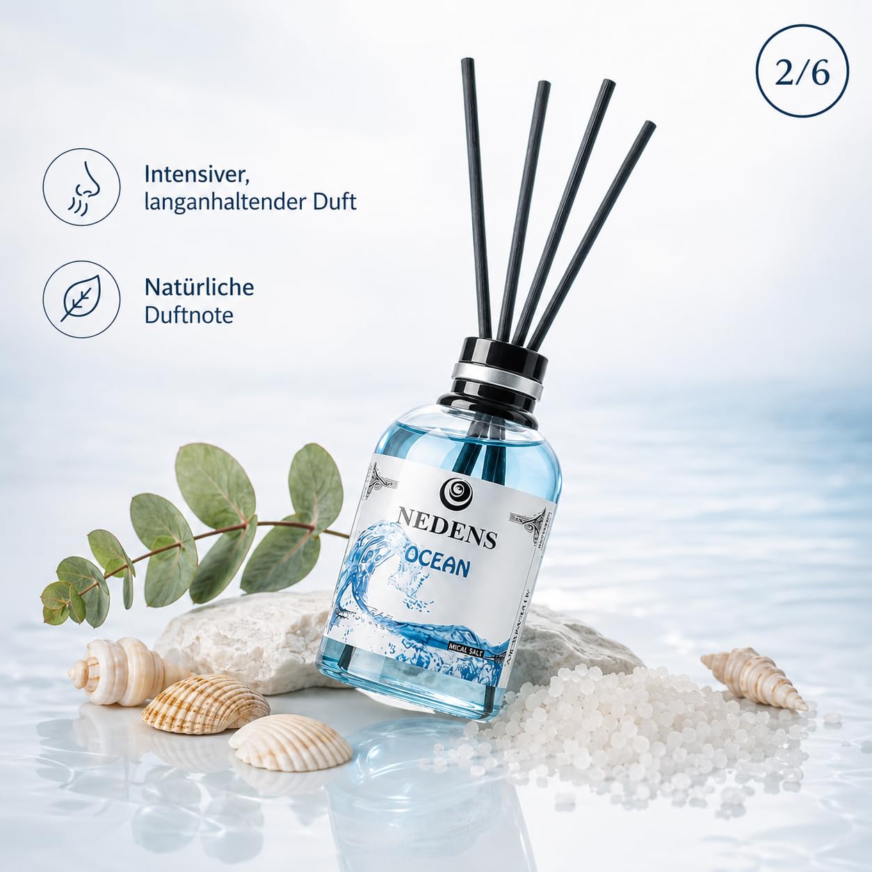 Patyczki zapachowe Mikado Ocean dyfuzor 110 ml | Morska świeżość dla salonu, sypialni i biura – pasywny dyfuzor bez prądu, ognia i rozpylania