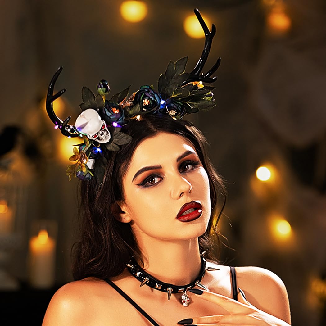 Flayem Halloween Flower Headband Deer Black Costume Women's Skull Headbands Party Hair Hoop - Image 4