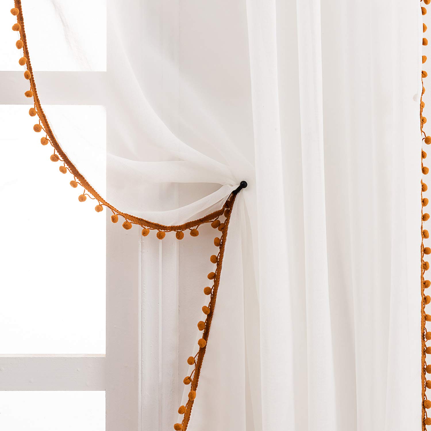 MISS SELECTEX Linen Look Pom Pom Tasseled Sheer Curtains - Rod Pocket Voile Semi-Sheer Curtains for Living and Bedroom, Set of 2 Curtain Panels (52 x 95 inch, White Sheer & Pumpkin Yellow Pom Poms)
