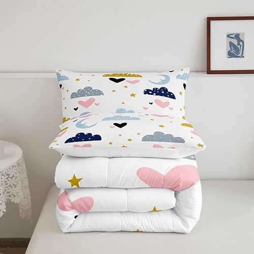 Miniatura 5 de Juego de edredón Kawaii con 2 fundas de almohada, juego de ropa de cama de luna y estrellas, nube, tamaño Queen para niños y niñas, edredón de