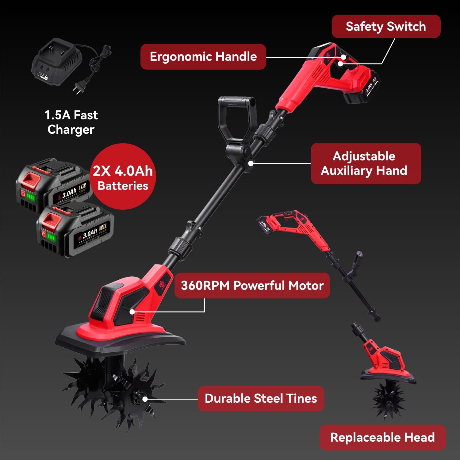 ONEVAN Motoazada Electrica, 500W Motoazada Bateria sin Escobillas, 23cm de Ancho de Trabajo, 16cm de Profundidad, Mango Ajustable, con 2 Baterías de 4.0 Ah, Ideal para Césped, Jardín y Suelo