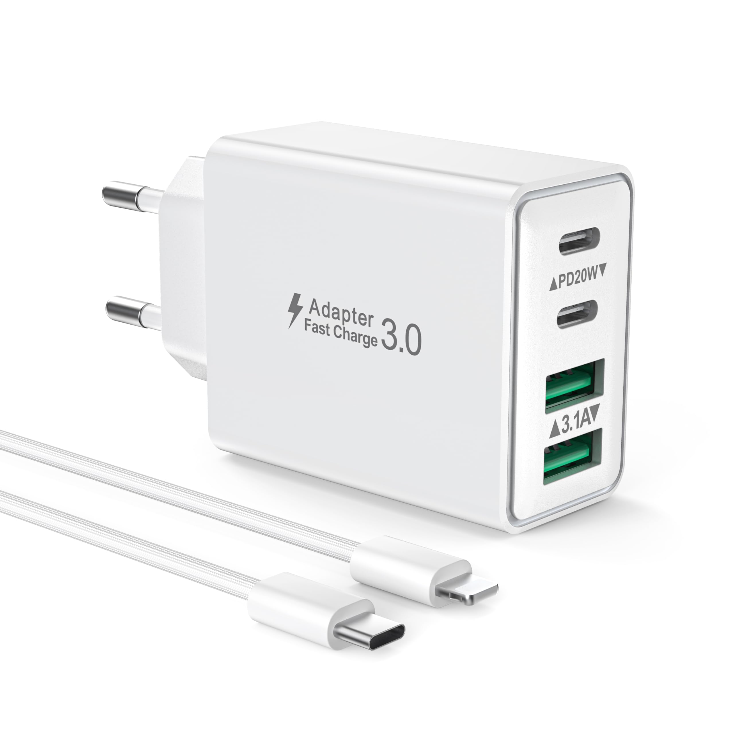 Caricatore USB C with 2M Cavo iPhone Rapido Presa Caricabatterie Caricatore for iPhone 14 13 12 11 Pro Max Plus/XS/XR/X/SE/8/7, iPad, 40W 4-Porto Spina USB Multiplo Alimentatore Adattatore Carica