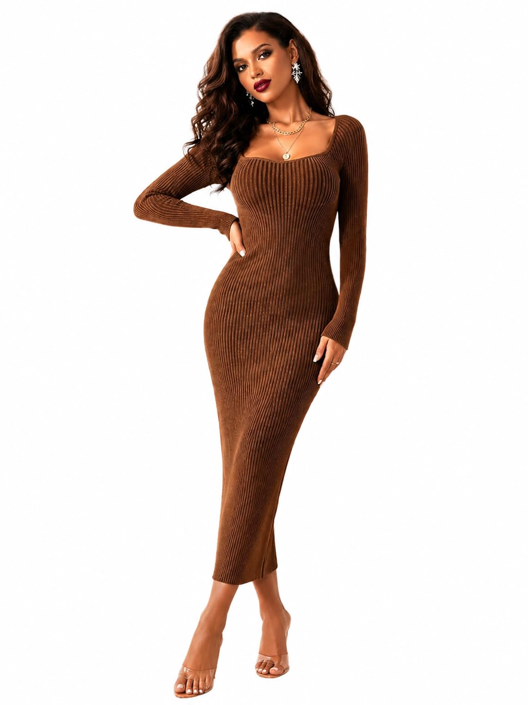 traquila Full Sleeve Knee Length Bodycon Brown Dress for Women-picture-35