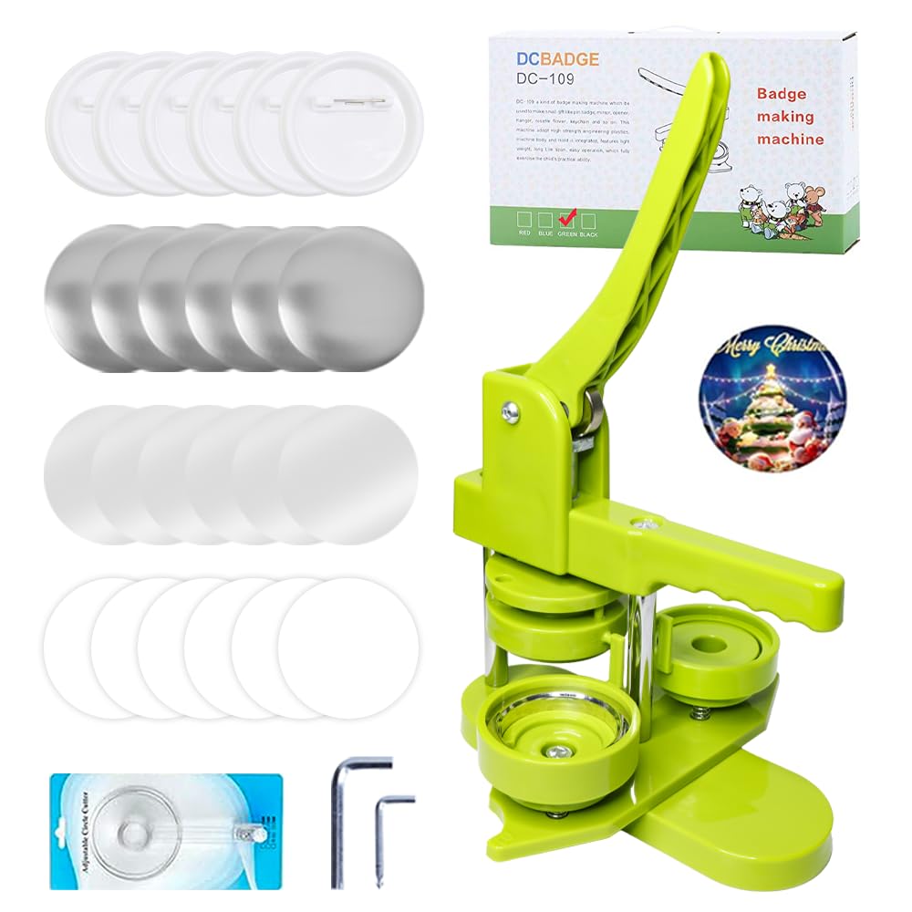 DCBADGE Button Maker Machine, Pin Maker Machine Kit (3rd Gen) Installation-Free DIY, Badge Maker Button Press Machine with Free Button Parts&Circle Cutter&Wrench Gadget (Green, 58mm（2.25in）)