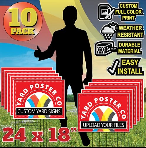 10 Pack Personalized Yard Signs 24x18 Inch Horizontal - Full Color Corrugated Plastic Lawn Signs for Real Estate Political Election Open House Business & Outdoor Custom Printed Landscape Yard Posters