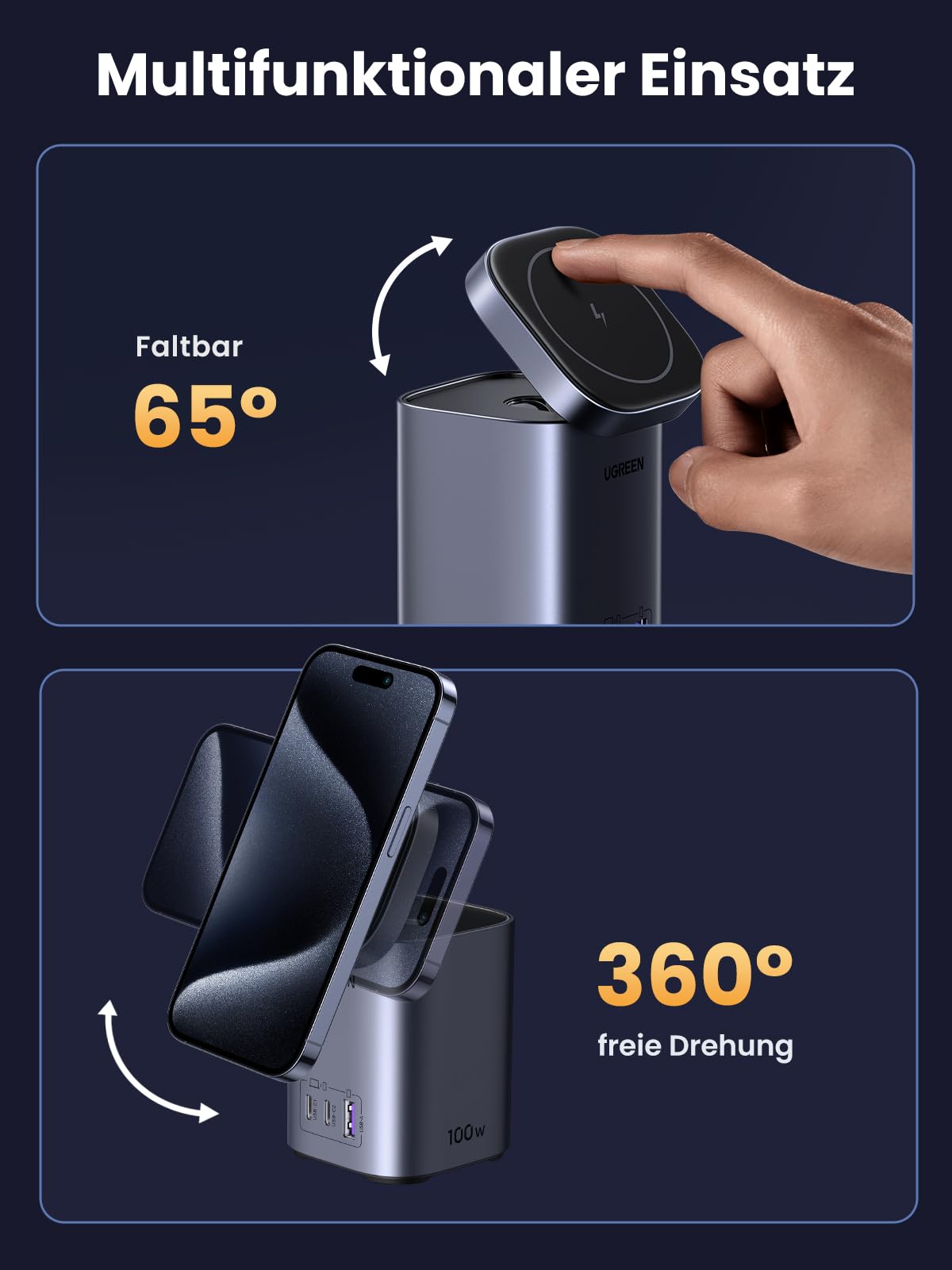 UGREEN Nexode 100W USB C Ladegerät, mit Qi2 15W Magnetisches Ladepad | GaN Netzteil, 4-IN-1 Ladestation, kabelloser Ladeständer für iPhone 12-17 Serien, kompatibel mit MacBook Pro/Air, AirPods