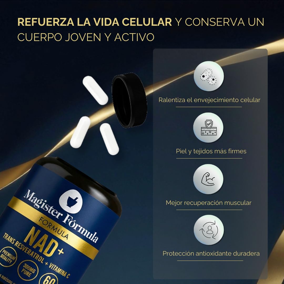 NAD Resveratrol, Vitamina C y L-Leucina | NAD Nicotinamide Riboside 900 mg | Antioxidantes Cápsulas Antienvejecimiento Reparación y Longevidad Celular | Nad+ 60 cápsulas | Magister Fórmula