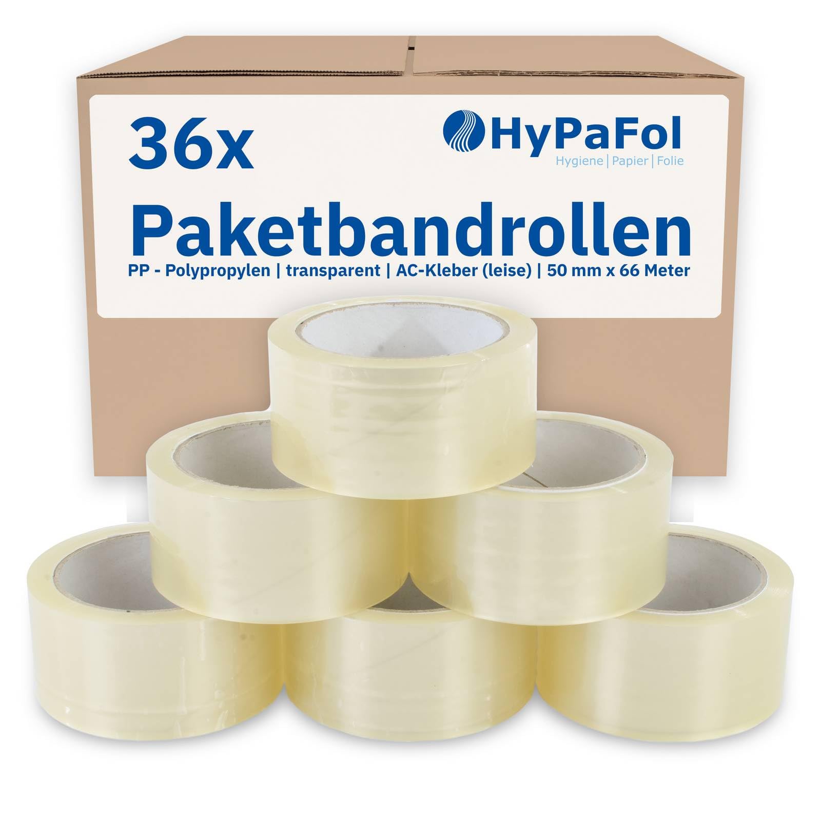 Hypafol Klebeband transparent I 36 x geräuscharmes Paketklebeband, 50mm x 66m I 76mm Durchmesser, für Handabroller geeignet I recyclebares Polypropylen-Paketband I sicherer Verschluss & feste Haftung